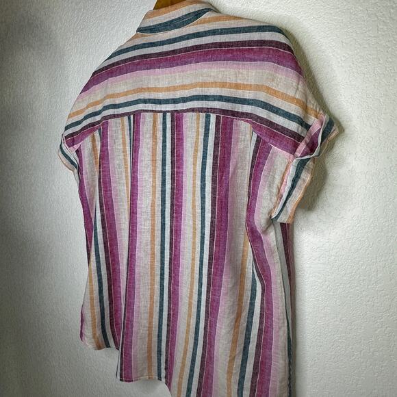 Beach Lunch Lounge Striped Linen Cotton Blend Short Sleeve Camp Shirt Large - Picture 6 of 9